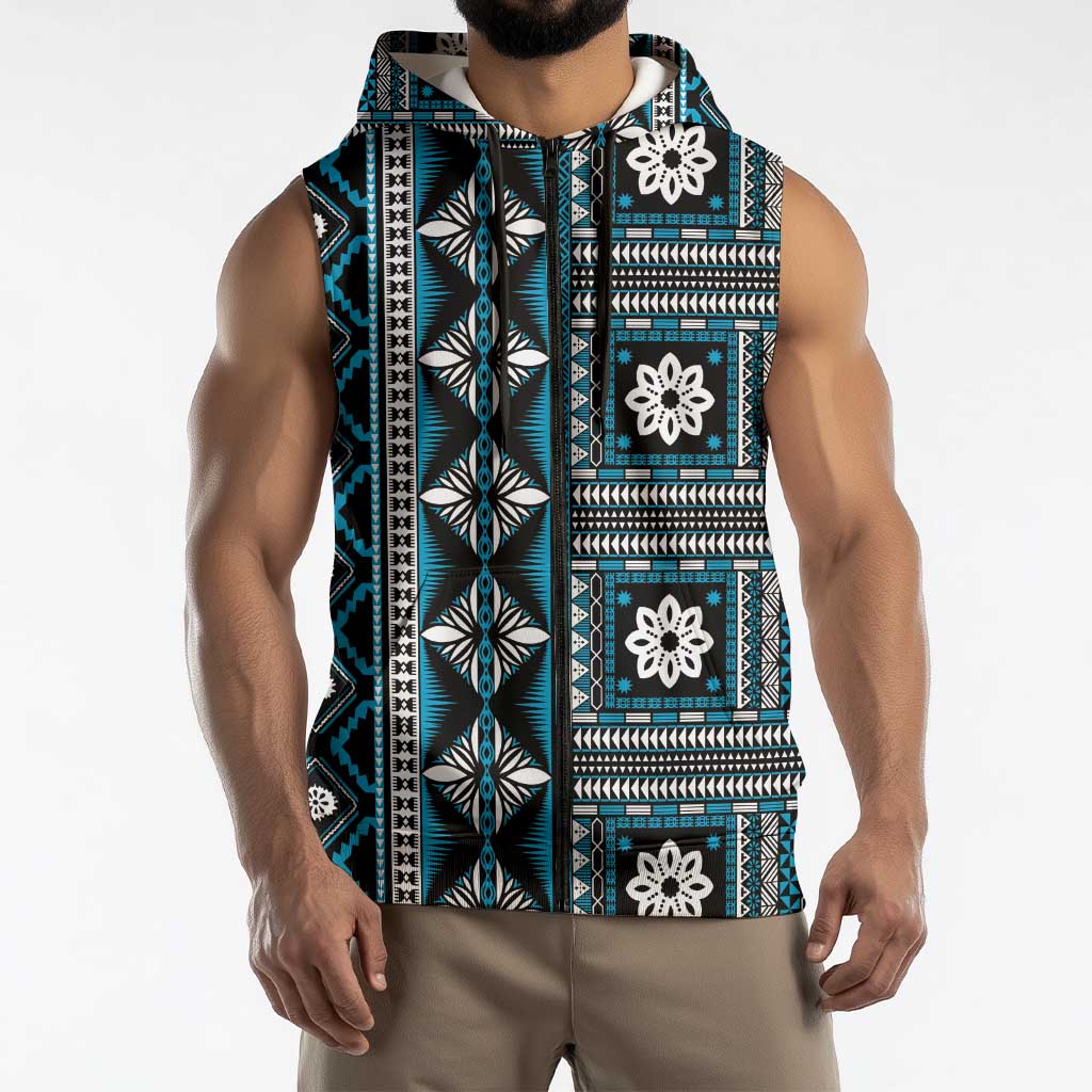 Fiji Masi Tapa Pattern Blue Sleeveless Zip Hoodie LT01 - Polynesian Pride