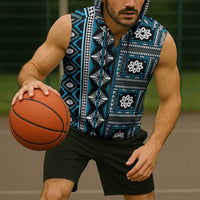 Fiji Masi Tapa Pattern Blue Sleeveless Zip Hoodie LT01 - Polynesian Pride