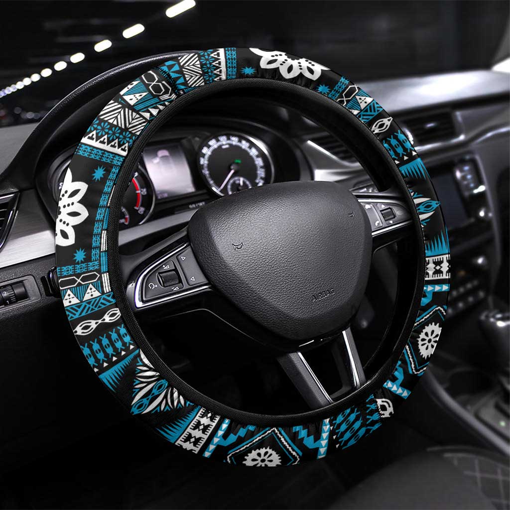 Fiji Masi Tapa Pattern Blue Steering Wheel Cover LT01 Universal Fit Blue - Polynesian Pride