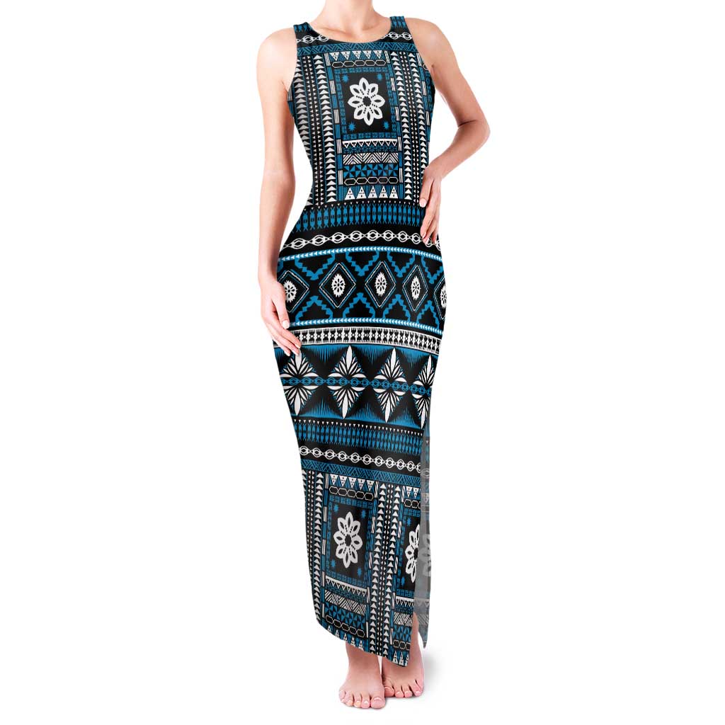 Fiji Masi Tapa Pattern Blue Tank Maxi Dress LT01 Women Blue - Polynesian Pride