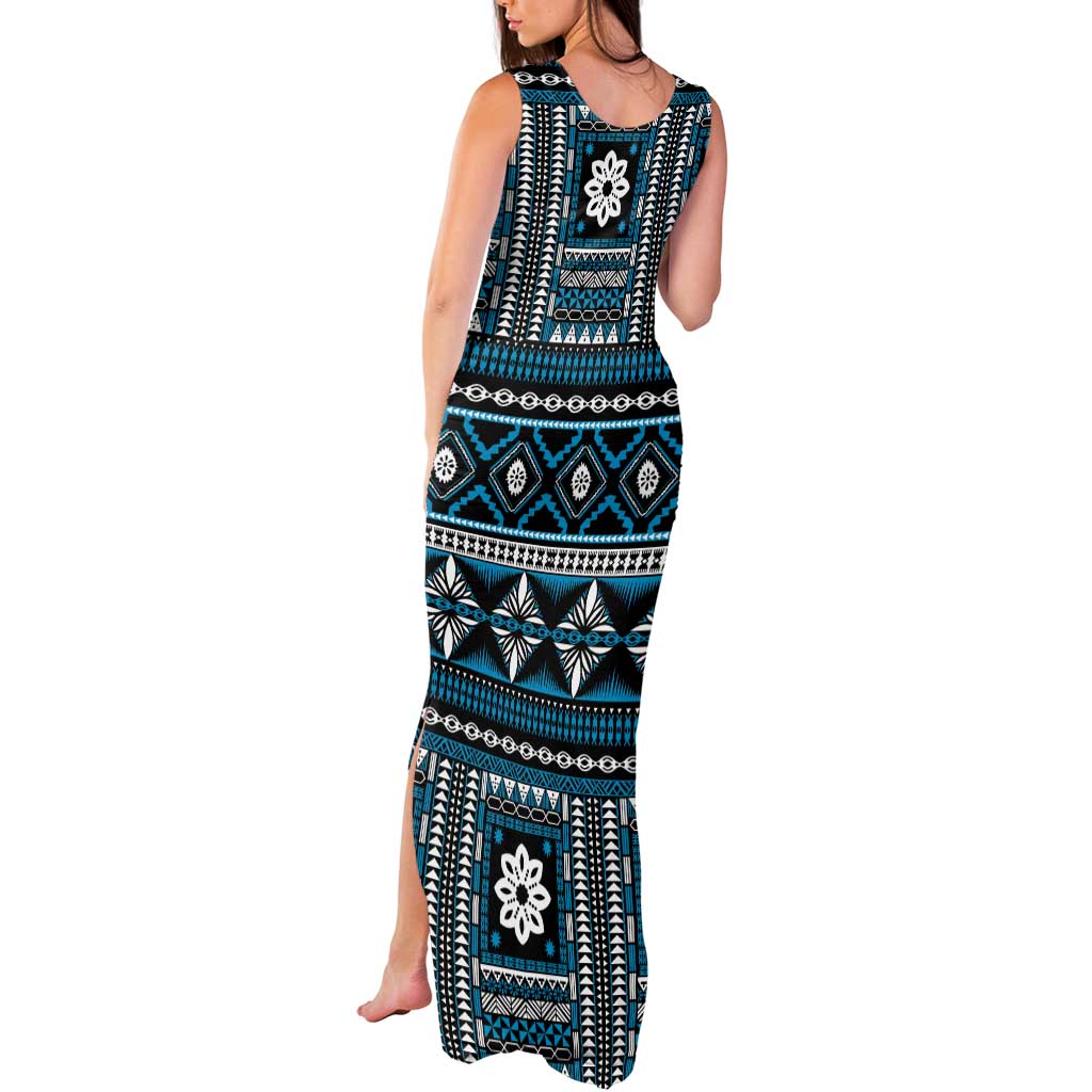 Fiji Masi Tapa Pattern Blue Tank Maxi Dress LT01 - Polynesian Pride