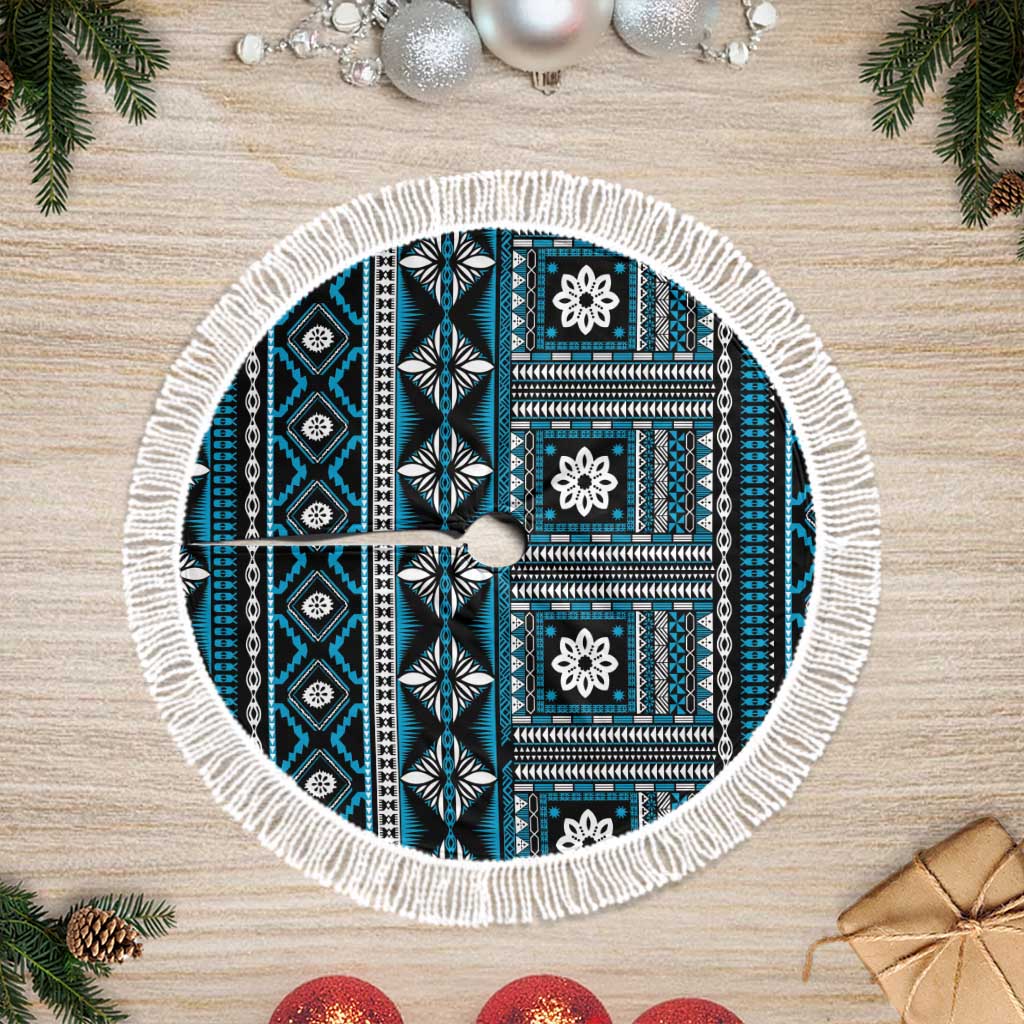 Fiji Masi Tapa Pattern Blue Tree Skirt LT01 Fringed Blue - Polynesian Pride