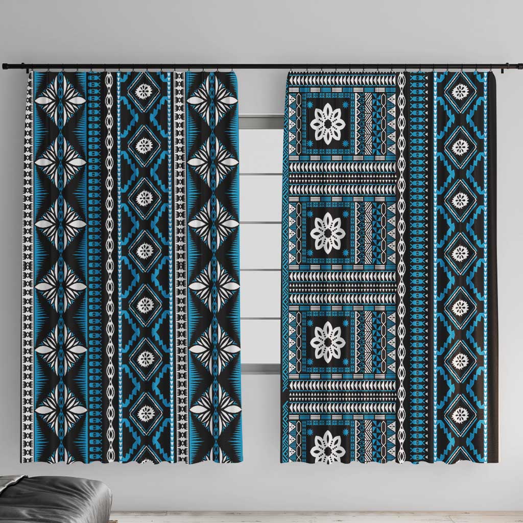 Fiji Masi Tapa Pattern Blue Window Curtain LT01 With Hooks Blue - Polynesian Pride