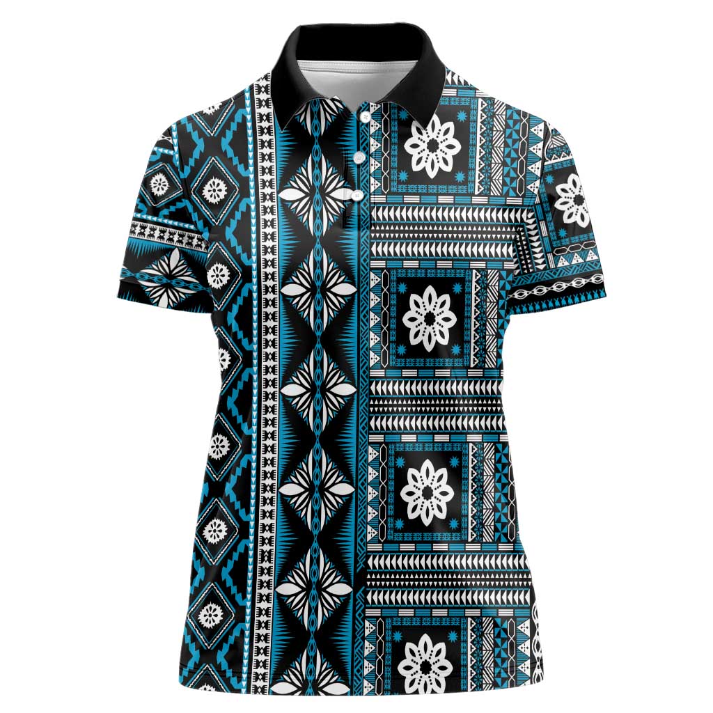 Fiji Masi Tapa Pattern Blue Women Polo Shirt LT01 Female Blue - Polynesian Pride