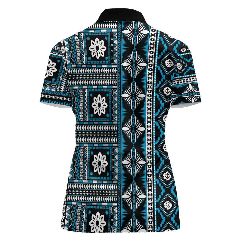 Fiji Masi Tapa Pattern Blue Women Polo Shirt LT01 - Polynesian Pride
