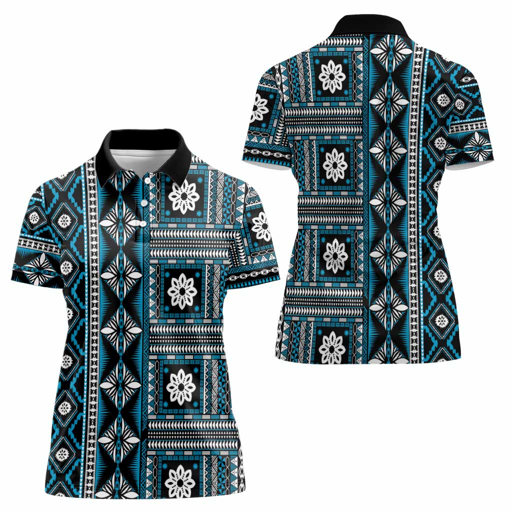 Fiji Masi Tapa Pattern Blue Women Polo Shirt LT01 - Polynesian Pride