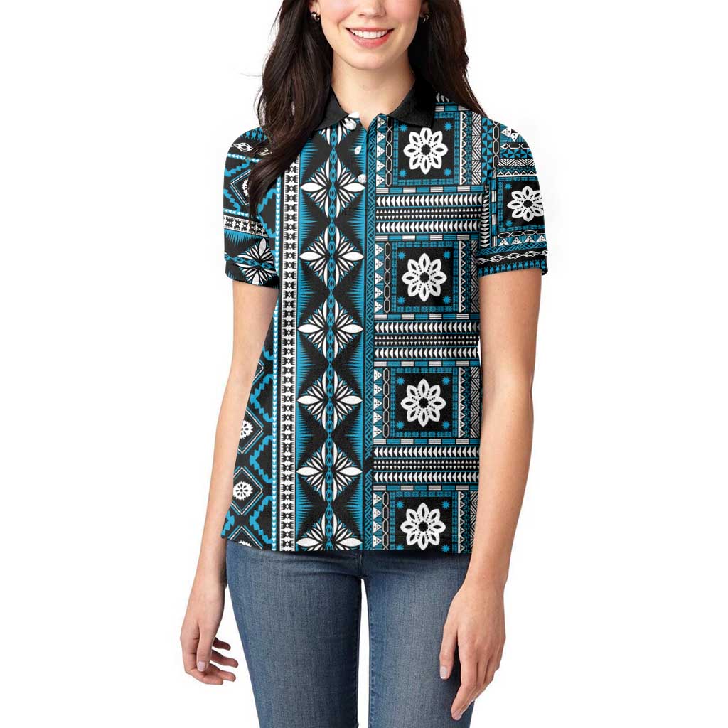 Fiji Masi Tapa Pattern Blue Women Polo Shirt LT01 - Polynesian Pride