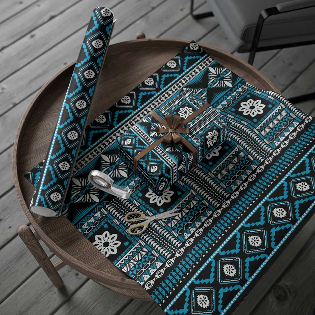 Fiji Masi Tapa Pattern Blue Wrapping Paper LT01 - Polynesian Pride