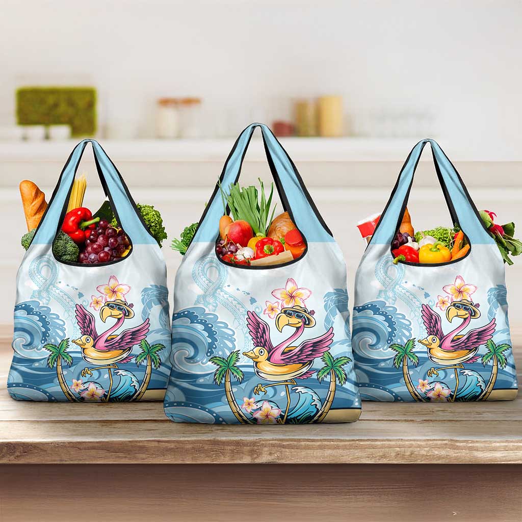Hawaii Flamingo Grocery Bag Plumeria Tropical Beach LT01 3-pack One Size Blue - Polynesian Pride