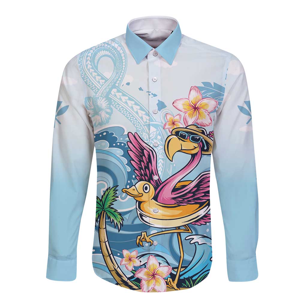 Hawaii Flamingo Long Sleeve Button Shirt Plumeria Tropical Beach LT01 Unisex Blue - Polynesian Pride