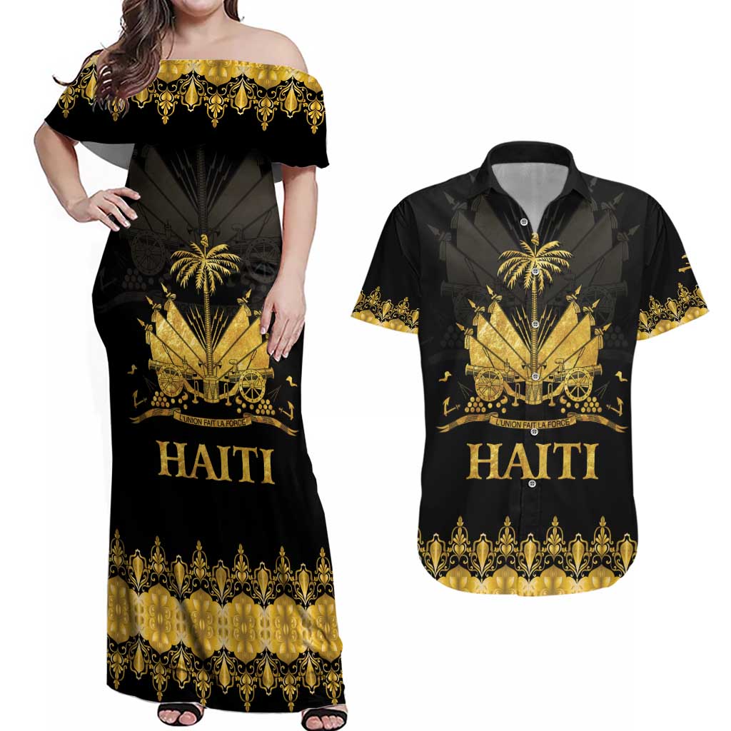 Haiti Neg Marron Gold Couples Matching Off Shoulder Maxi Dress and Hawaiian Shirt Lespwa pa anyen san aksyon