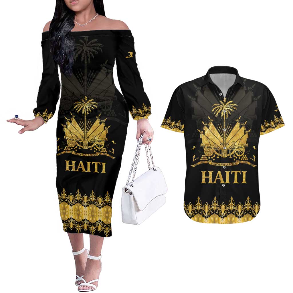 Haiti Neg Marron Gold Couples Matching Off The Shoulder Long Sleeve Dress and Hawaiian Shirt Lespwa pa anyen san aksyon