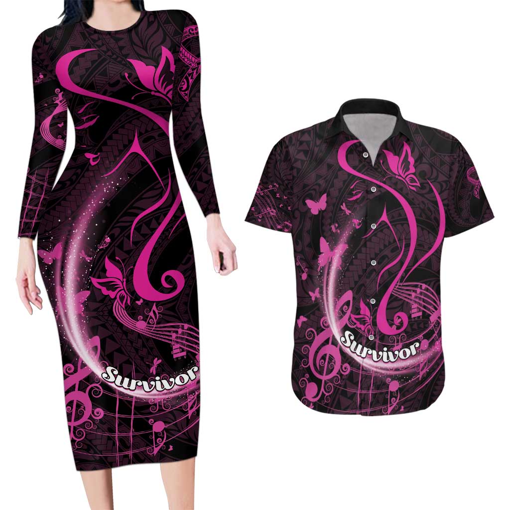 Personalised Survivor Melody Pink Couples Matching Long Sleeve Bodycon Dress and Hawaiian Shirt Breast Cancer Polynesian Pattern