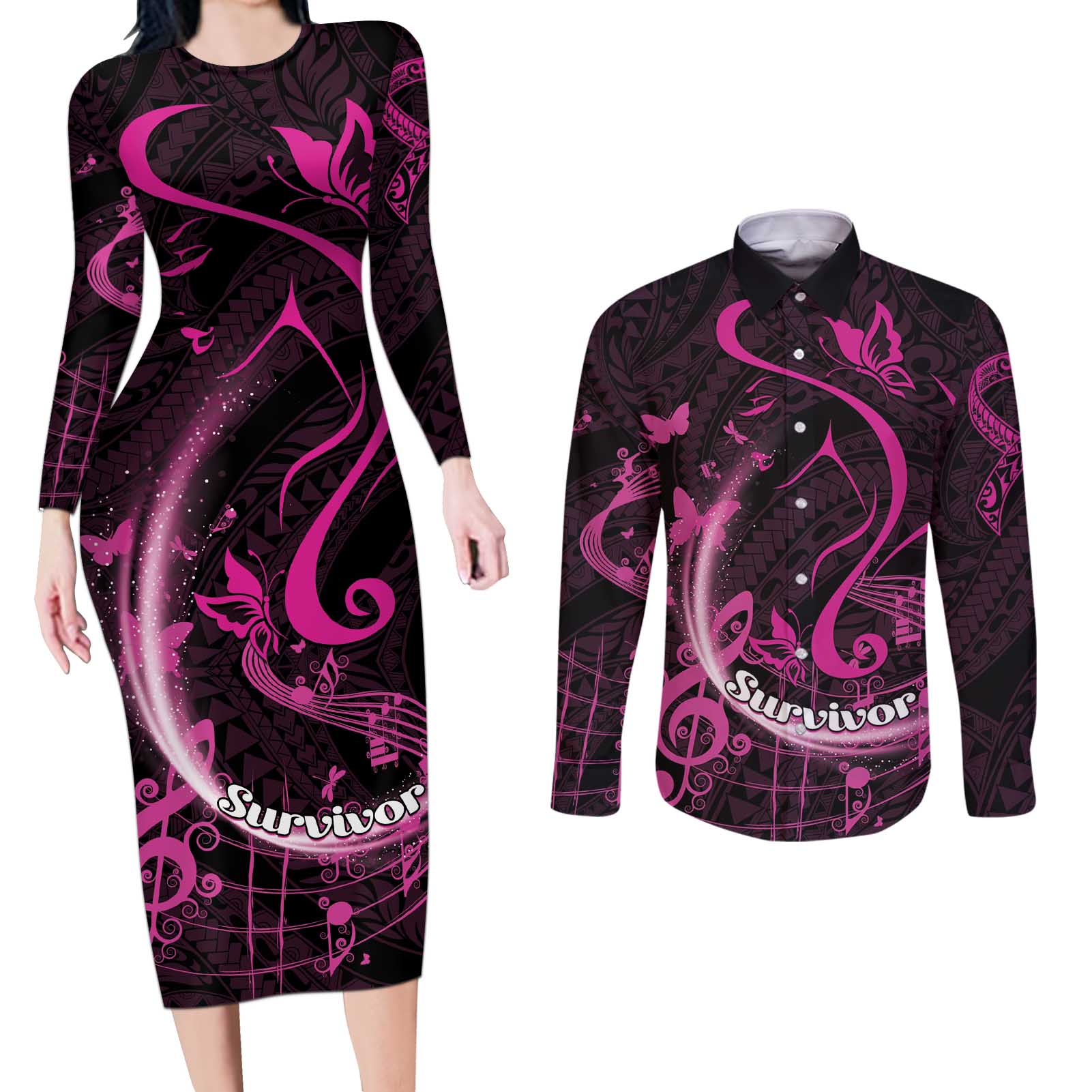 Personalised Survivor Melody Pink Couples Matching Long Sleeve Bodycon Dress and Long Sleeve Button Shirt Breast Cancer Polynesian Pattern