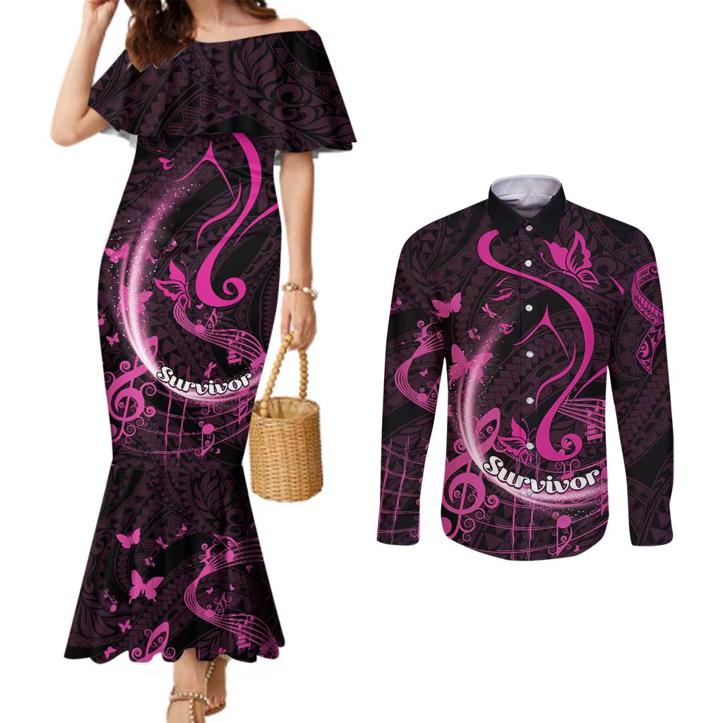 Personalised Survivor Melody Pink Couples Matching Mermaid Dress and Long Sleeve Button Shirt Breast Cancer Polynesian Pattern