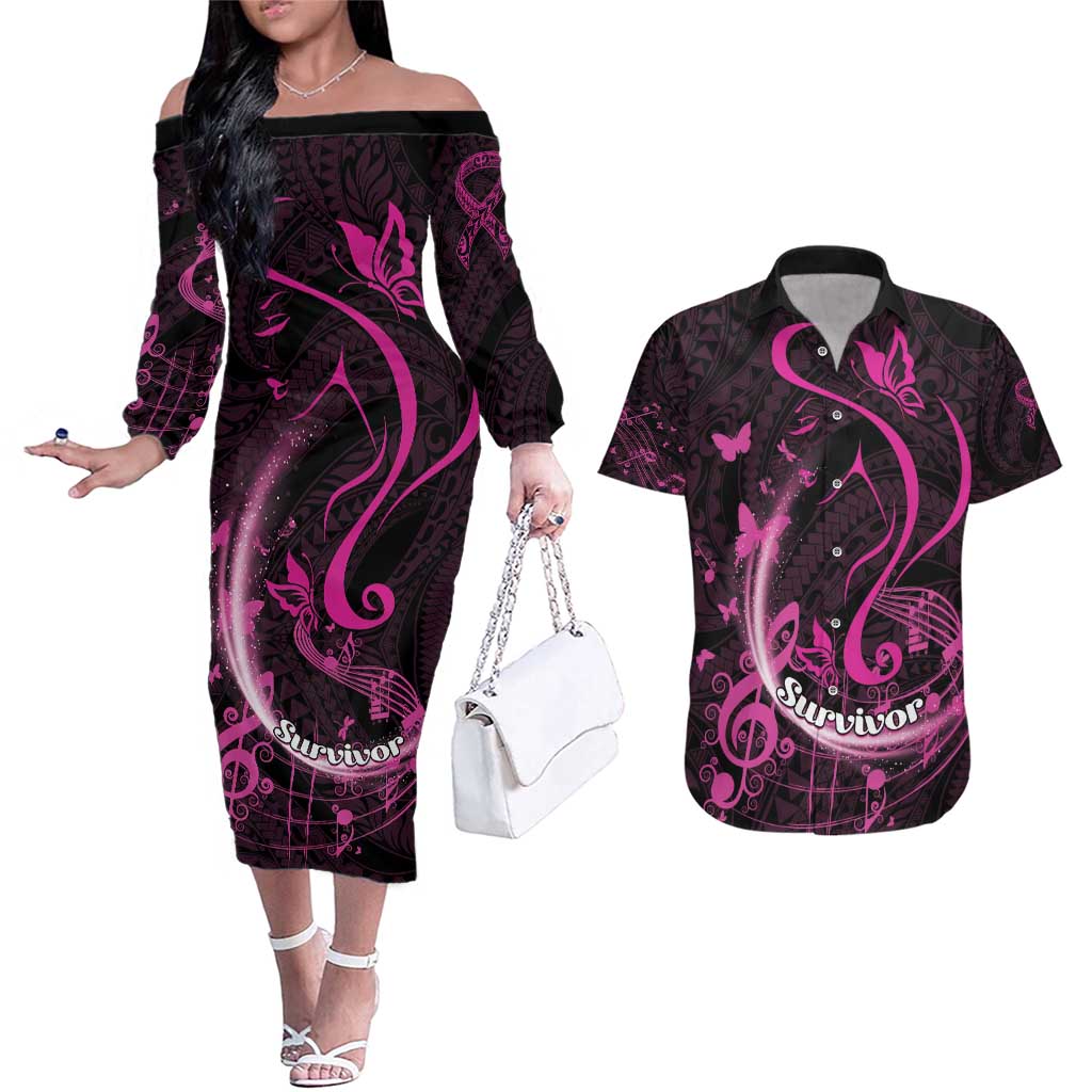 Personalised Survivor Melody Pink Couples Matching Off The Shoulder Long Sleeve Dress and Hawaiian Shirt Breast Cancer Polynesian Pattern