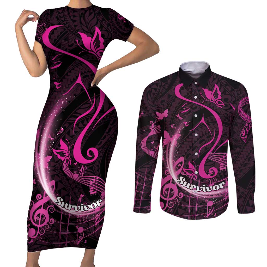 Personalised Survivor Melody Pink Couples Matching Short Sleeve Bodycon Dress and Long Sleeve Button Shirt Breast Cancer Polynesian Pattern