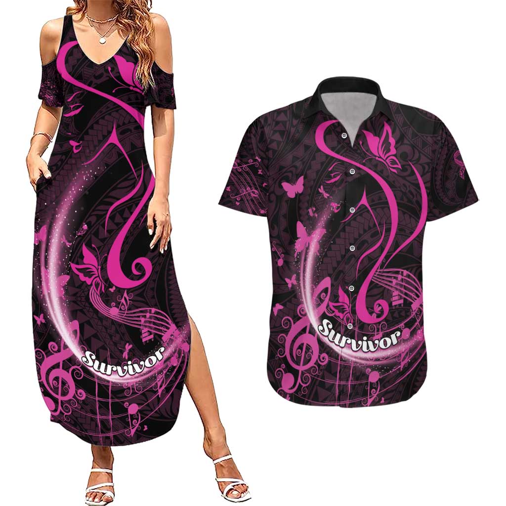 Personalised Survivor Melody Pink Couples Matching Summer Maxi Dress and Hawaiian Shirt Breast Cancer Polynesian Pattern