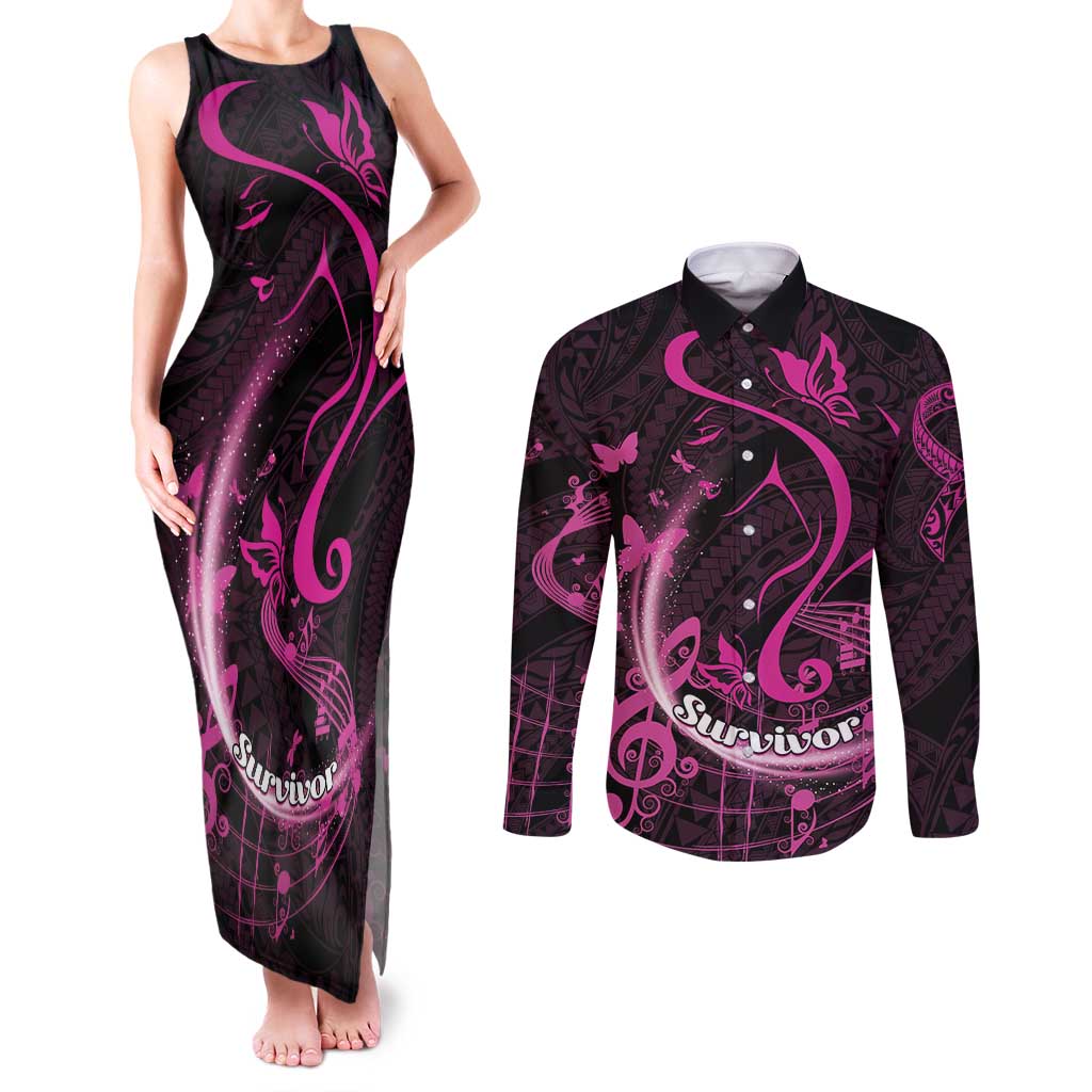 Personalised Survivor Melody Pink Couples Matching Tank Maxi Dress and Long Sleeve Button Shirt Breast Cancer Polynesian Pattern