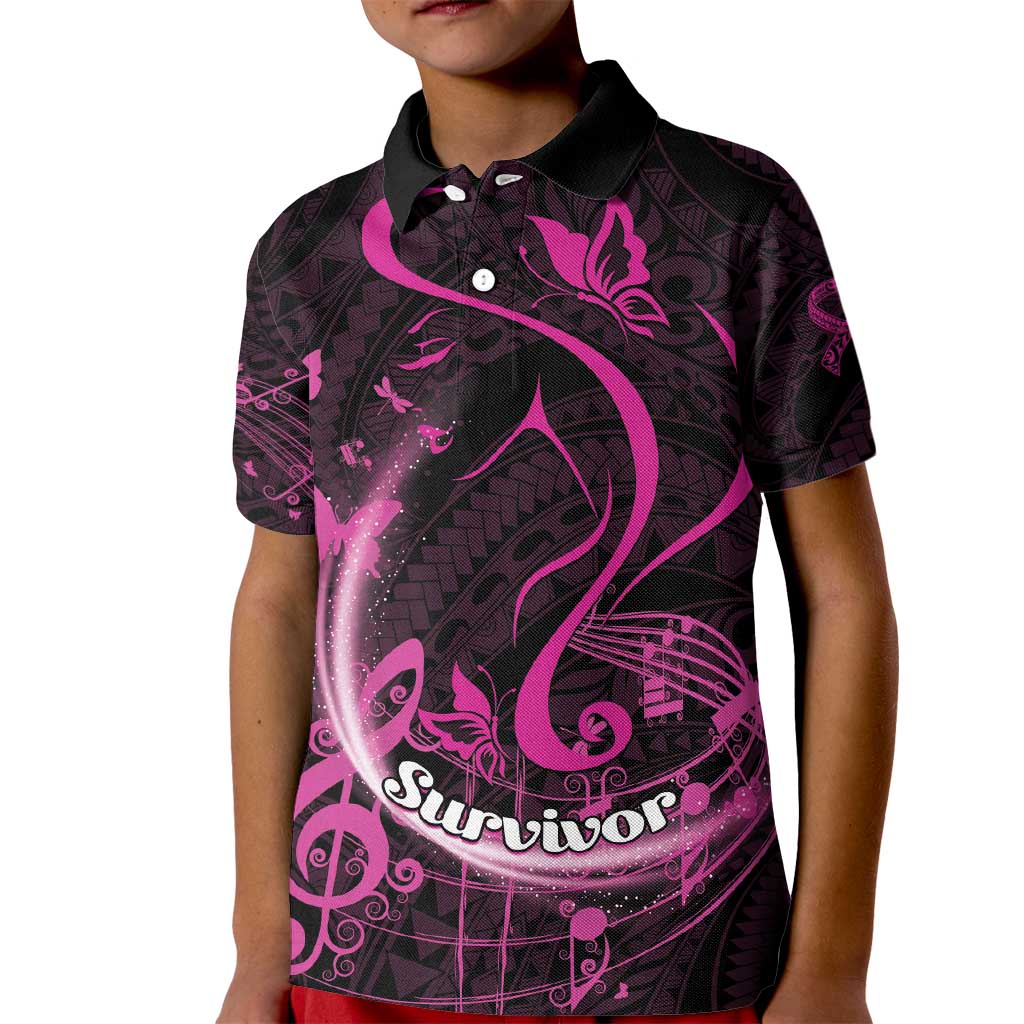 Personalised Survivor Melody Pink Kid Polo Shirt Breast Cancer Polynesian Pattern