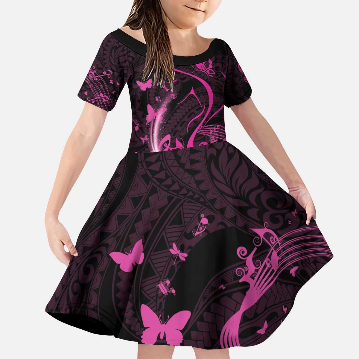 Personalised Survivor Melody Pink Kid Short Sleeve Dress Breast Cancer Polynesian Pattern