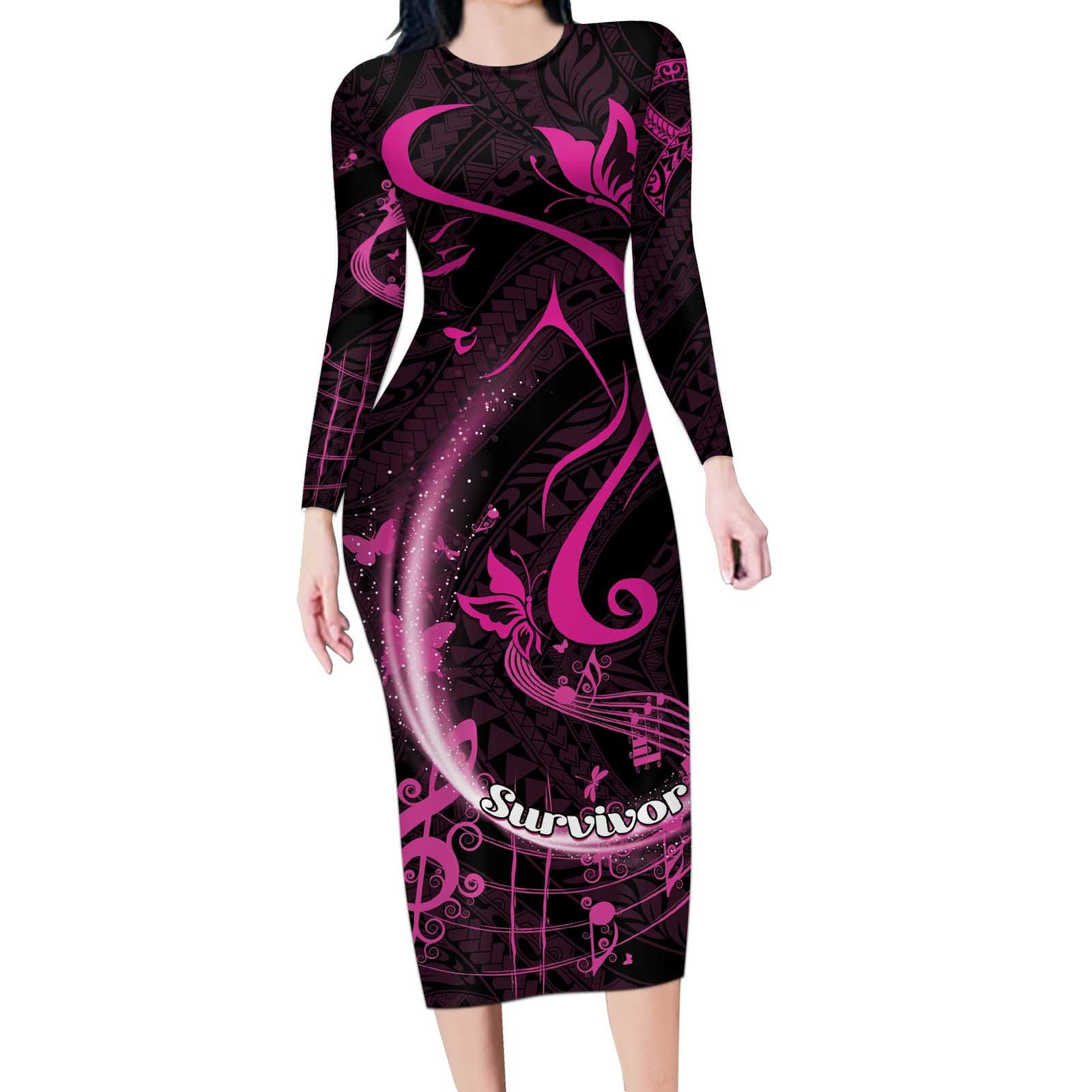 Personalised Survivor Melody Pink Long Sleeve Bodycon Dress Breast Cancer Polynesian Pattern LT01 Long Dress Pink - Polynesian Pride