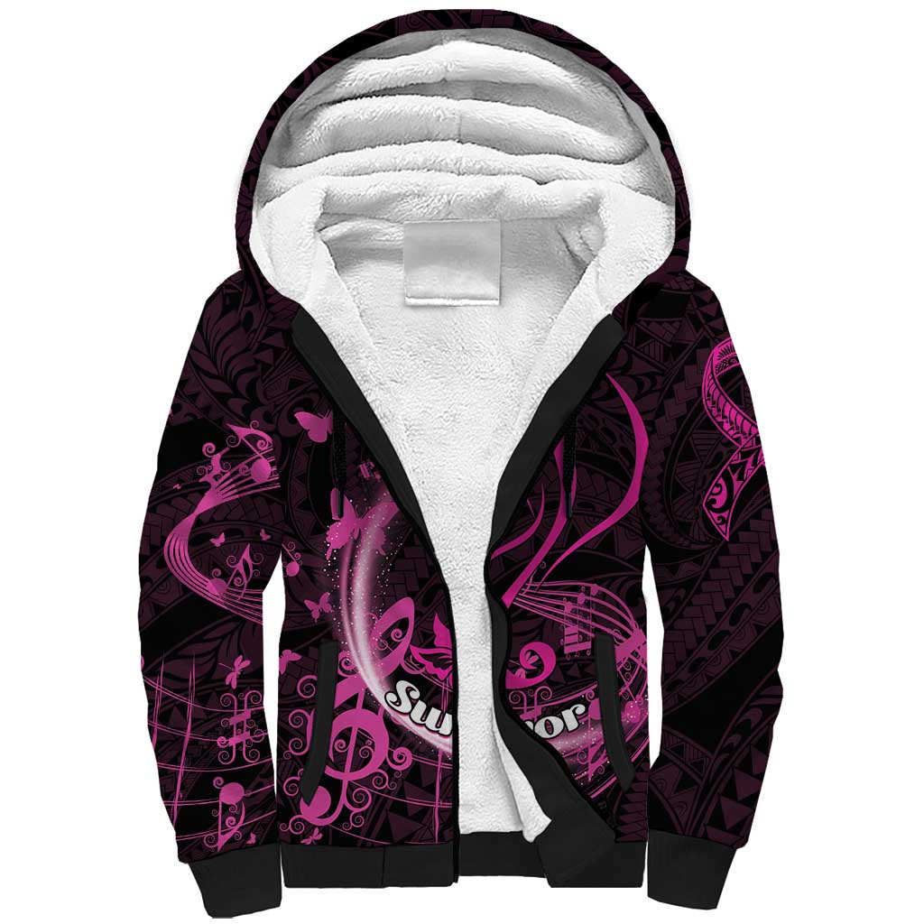 Personalised Survivor Melody Pink Sherpa Hoodie Breast Cancer Polynesian Pattern