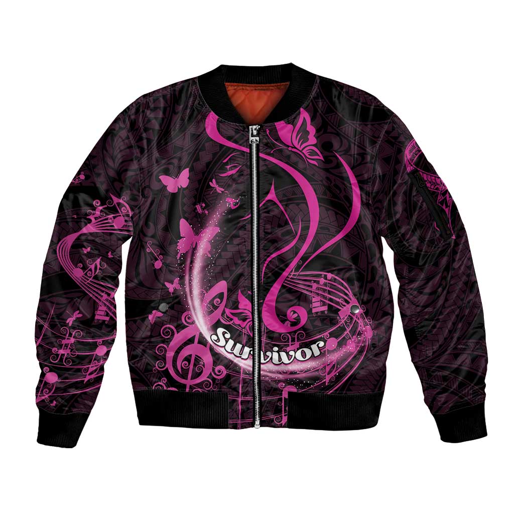 Personalised Survivor Melody Pink Sleeve Zip Bomber Jacket Breast Cancer Polynesian Pattern