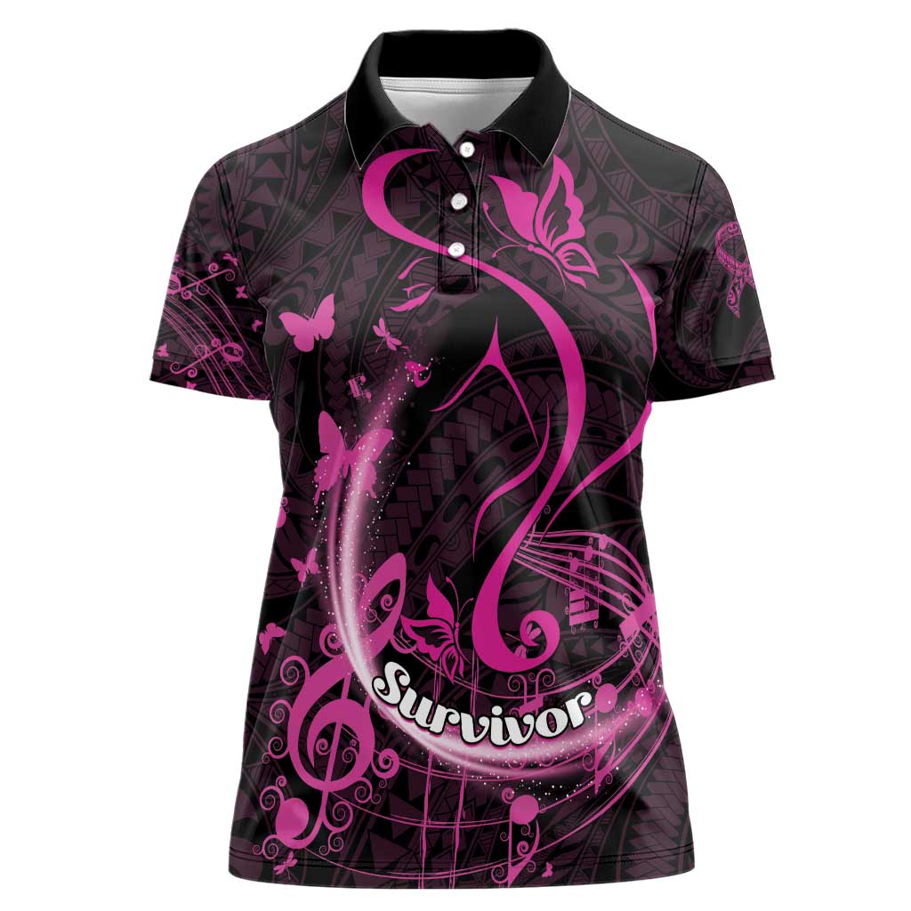 Personalised Survivor Melody Pink Women Polo Shirt Breast Cancer Polynesian Pattern