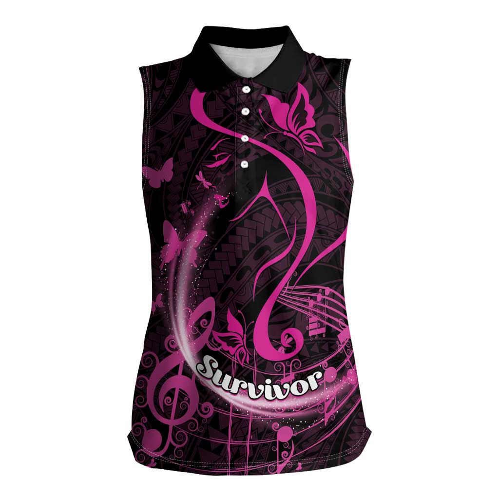 Personalised Survivor Melody Pink Women Sleeveless Polo Shirt Breast Cancer Polynesian Pattern