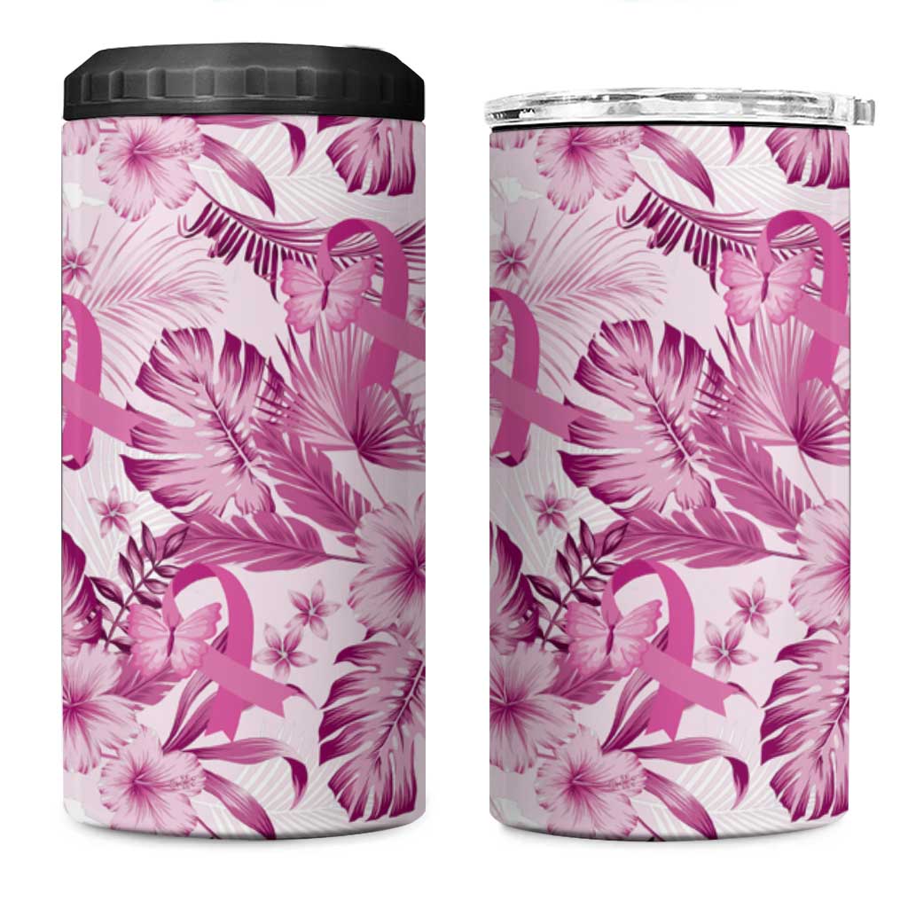 Pink Ribbon Hibiscus Tropical Pattern 4 in 1 Can Cooler Tumbler Breast Cancer LT01 One Size: 16 oz Pink - Polynesian Pride