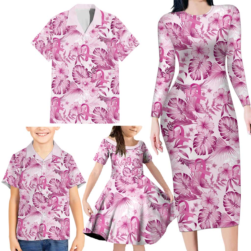 Pink Ribbon Hibiscus Tropical Pattern Family Matching Long Sleeve Bodycon Dress and Hawaiian Shirt Breast Cancer