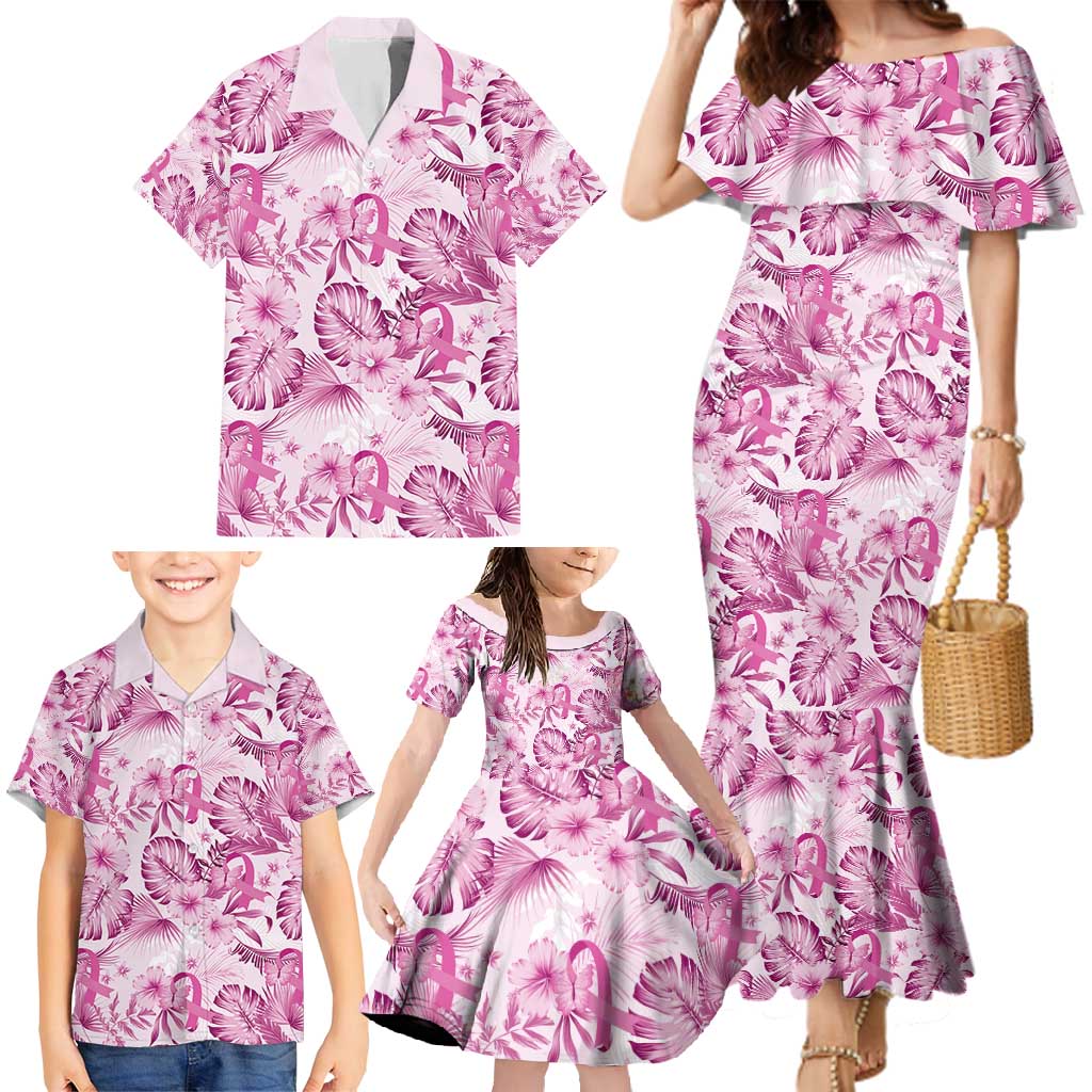 Pink Ribbon Hibiscus Tropical Pattern Family Matching Mermaid Dress and Hawaiian Shirt Breast Cancer