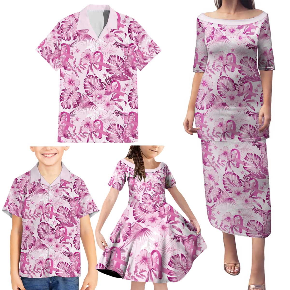 Pink Ribbon Hibiscus Tropical Pattern Family Matching Puletasi and Hawaiian Shirt Breast Cancer