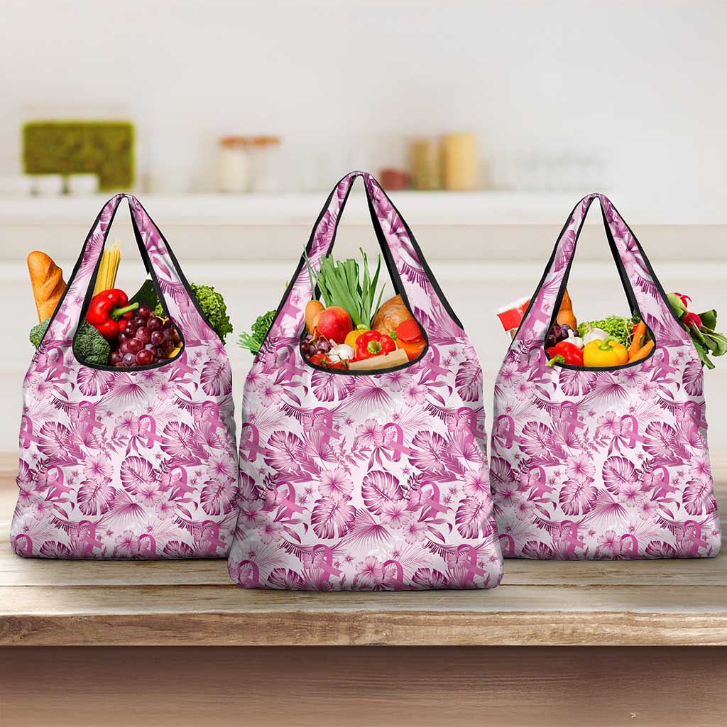 Pink Ribbon Hibiscus Tropical Pattern Grocery Bag Breast Cancer LT01 3-pack One Size Pink - Polynesian Pride