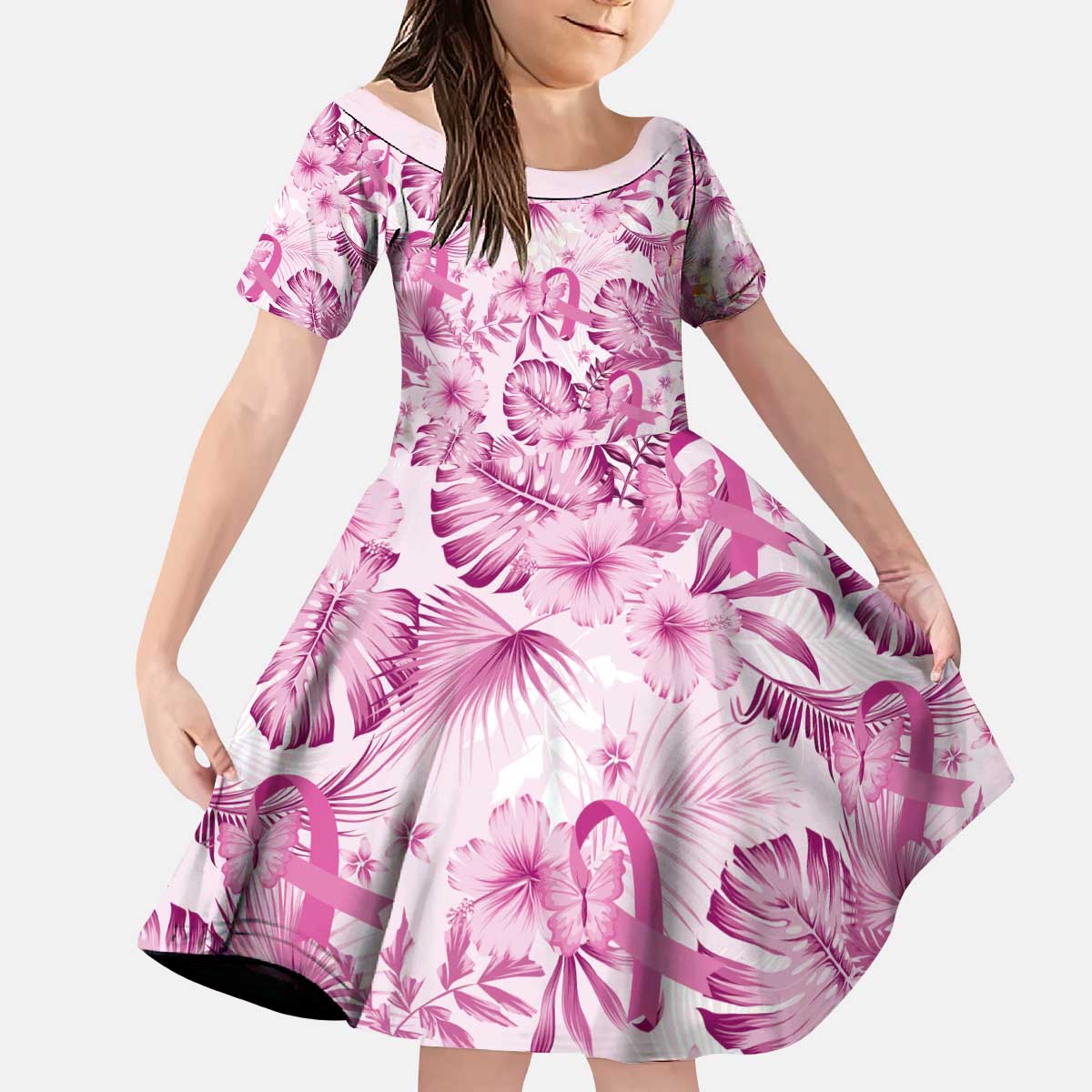 Pink Ribbon Hibiscus Tropical Pattern Kid Short Sleeve Dress Breast Cancer