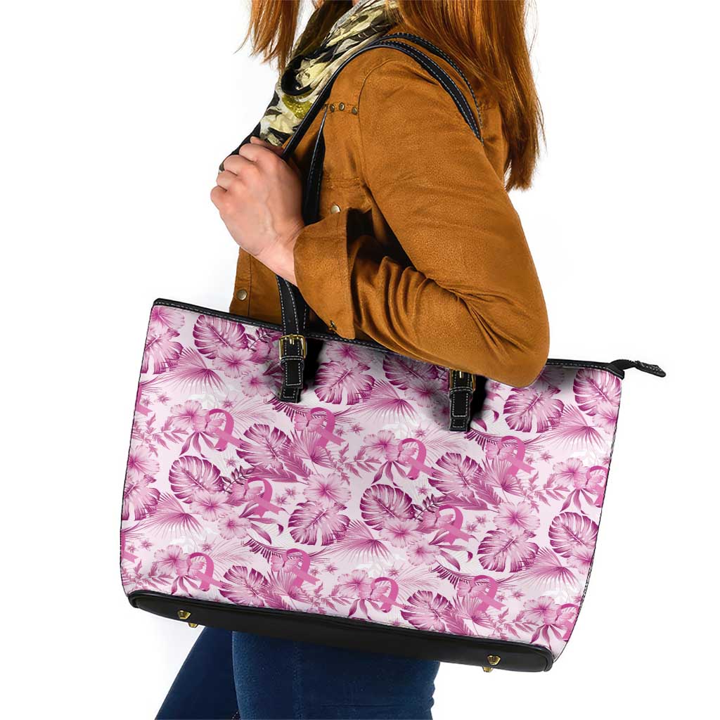 Pink Ribbon Hibiscus Tropical Pattern Leather Tote Bag Breast Cancer LT01 Pink - Polynesian Pride