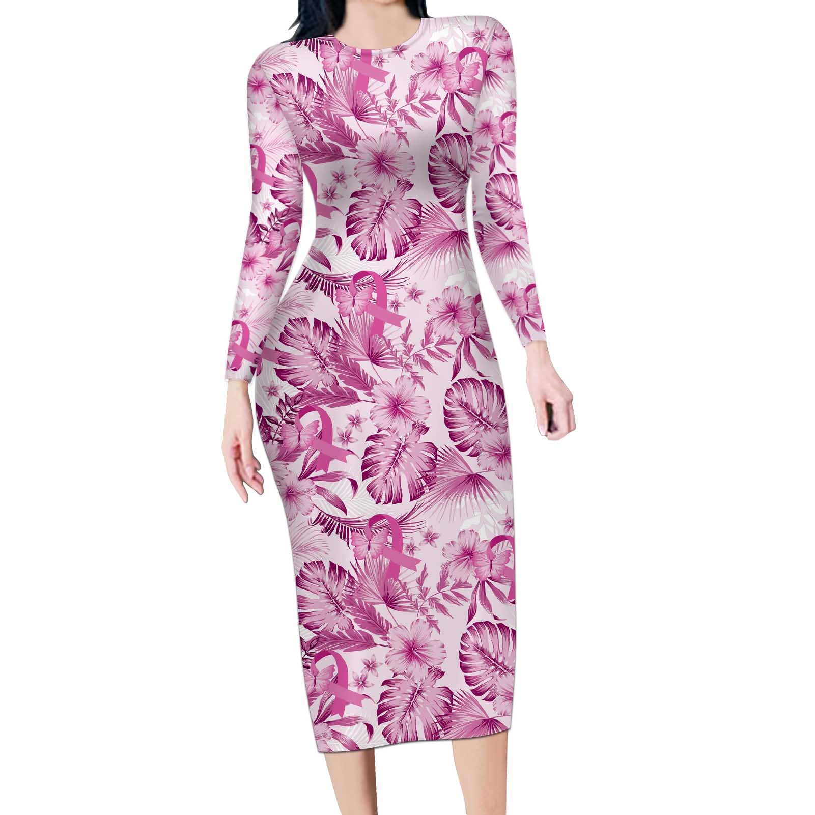 Pink Ribbon Hibiscus Tropical Pattern Long Sleeve Bodycon Dress Breast Cancer