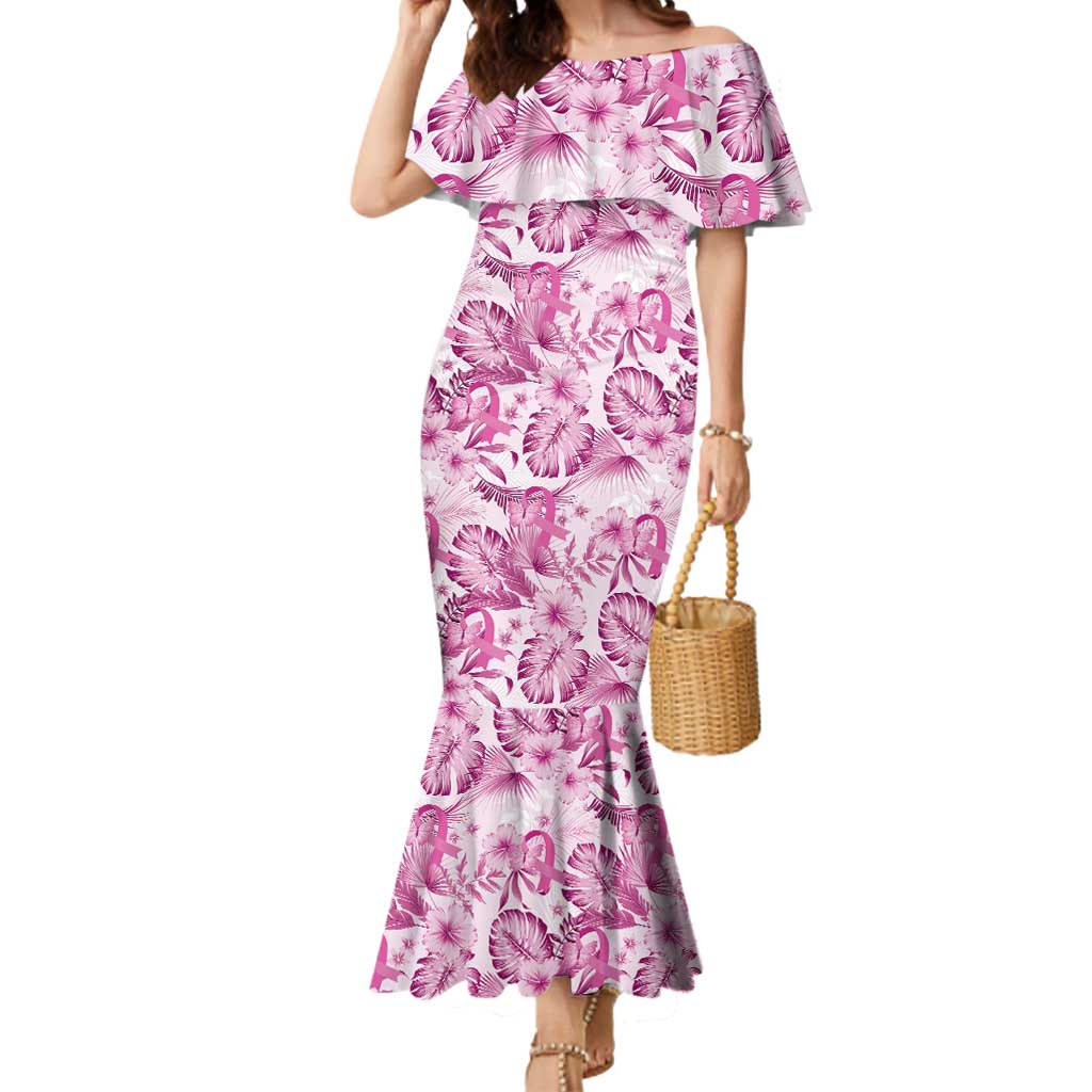 Pink Ribbon Hibiscus Tropical Pattern Mermaid Dress Breast Cancer LT01 Women Pink - Polynesian Pride