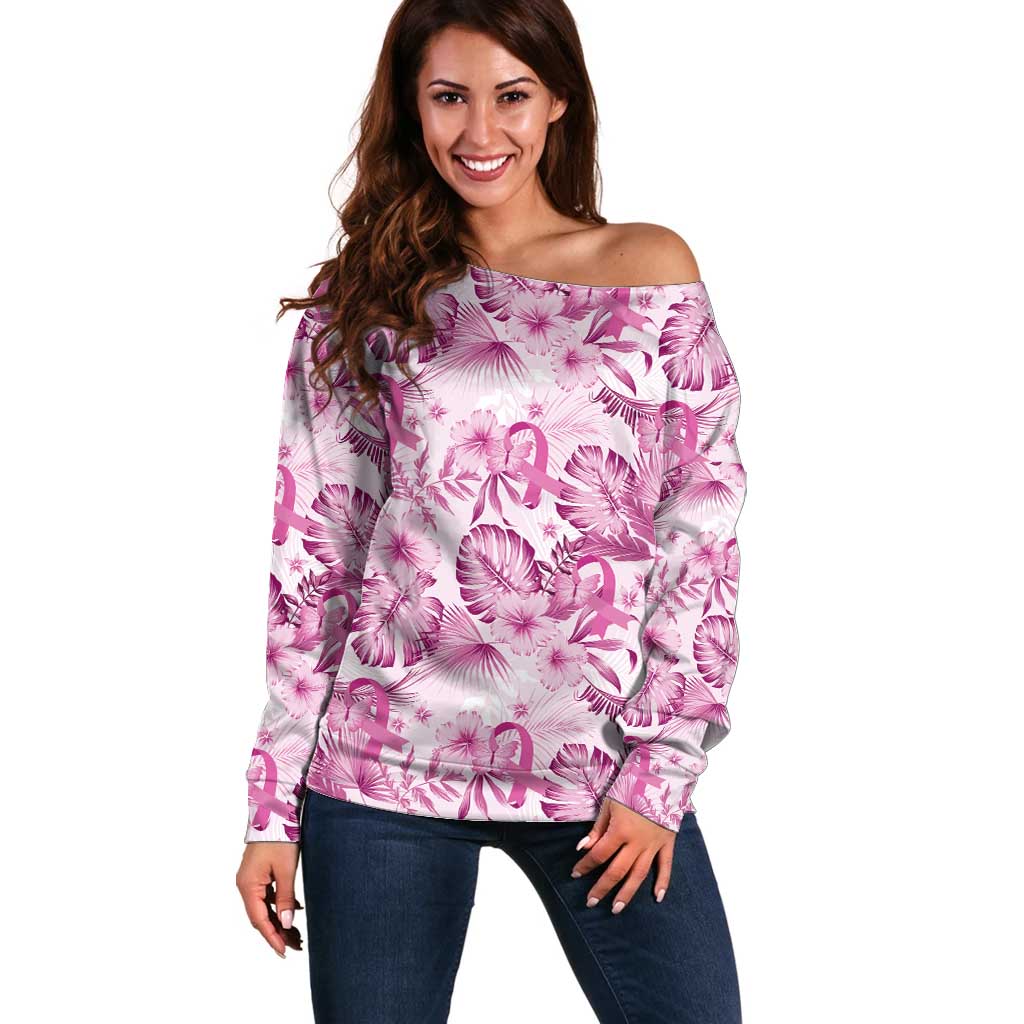 Pink Ribbon Hibiscus Tropical Pattern Off Shoulder Sweater Breast Cancer LT01 Women Pink - Polynesian Pride
