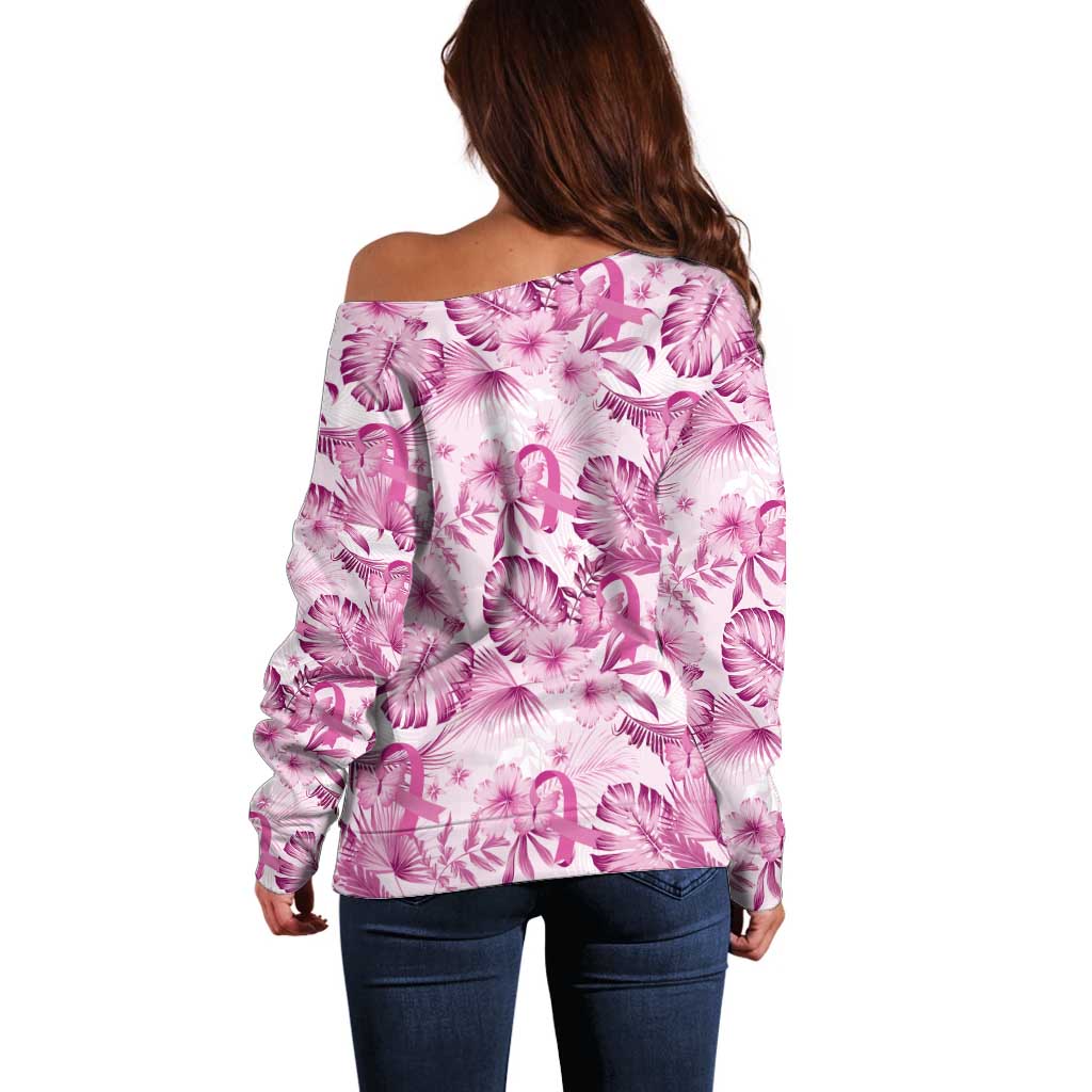 Pink Ribbon Hibiscus Tropical Pattern Off Shoulder Sweater Breast Cancer LT01 - Polynesian Pride
