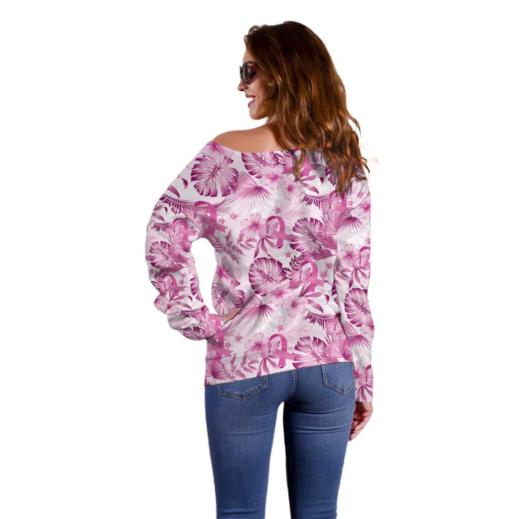 Pink Ribbon Hibiscus Tropical Pattern Off Shoulder Sweater Breast Cancer LT01 - Polynesian Pride