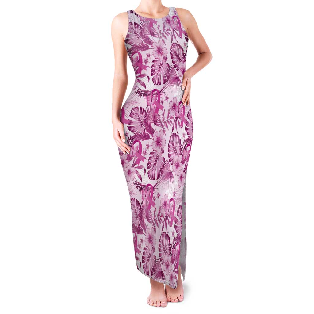 Pink Ribbon Hibiscus Tropical Pattern Tank Maxi Dress Breast Cancer