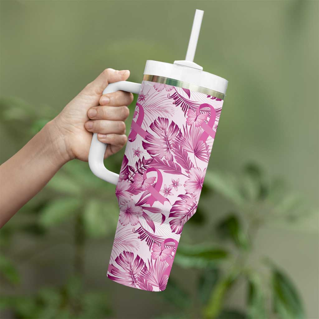 Pink Ribbon Hibiscus Tropical Pattern Tumbler With Handle Breast Cancer LT01 - Polynesian Pride