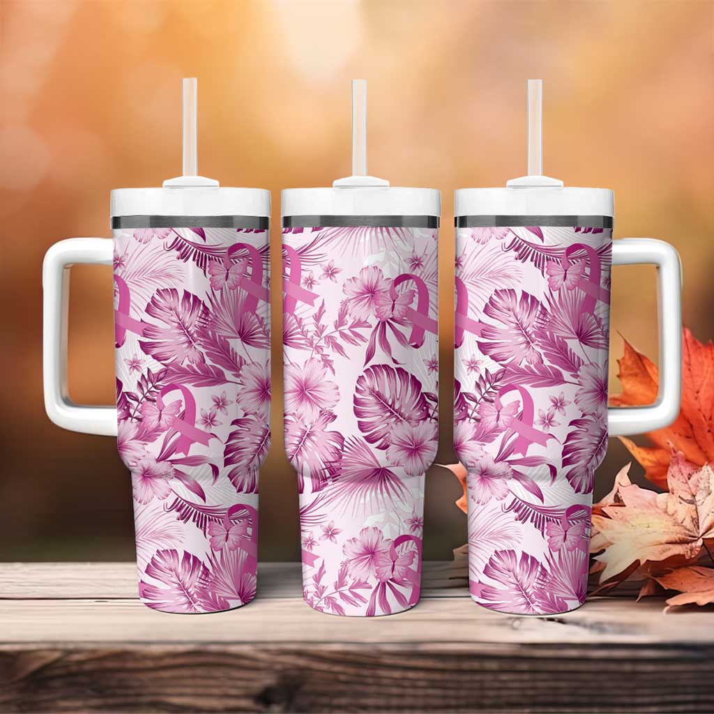 Pink Ribbon Hibiscus Tropical Pattern Tumbler With Handle Breast Cancer LT01 - Polynesian Pride