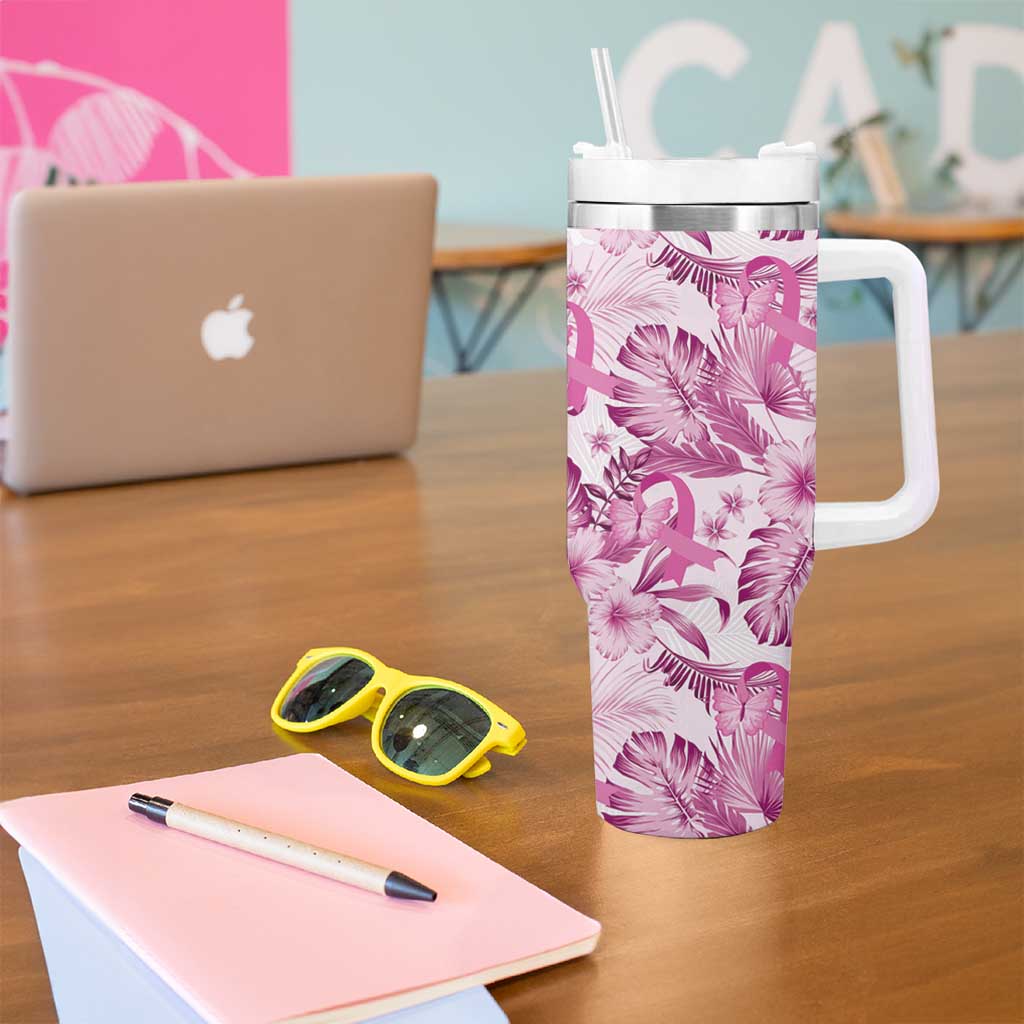 Pink Ribbon Hibiscus Tropical Pattern Tumbler With Handle Breast Cancer LT01 - Polynesian Pride