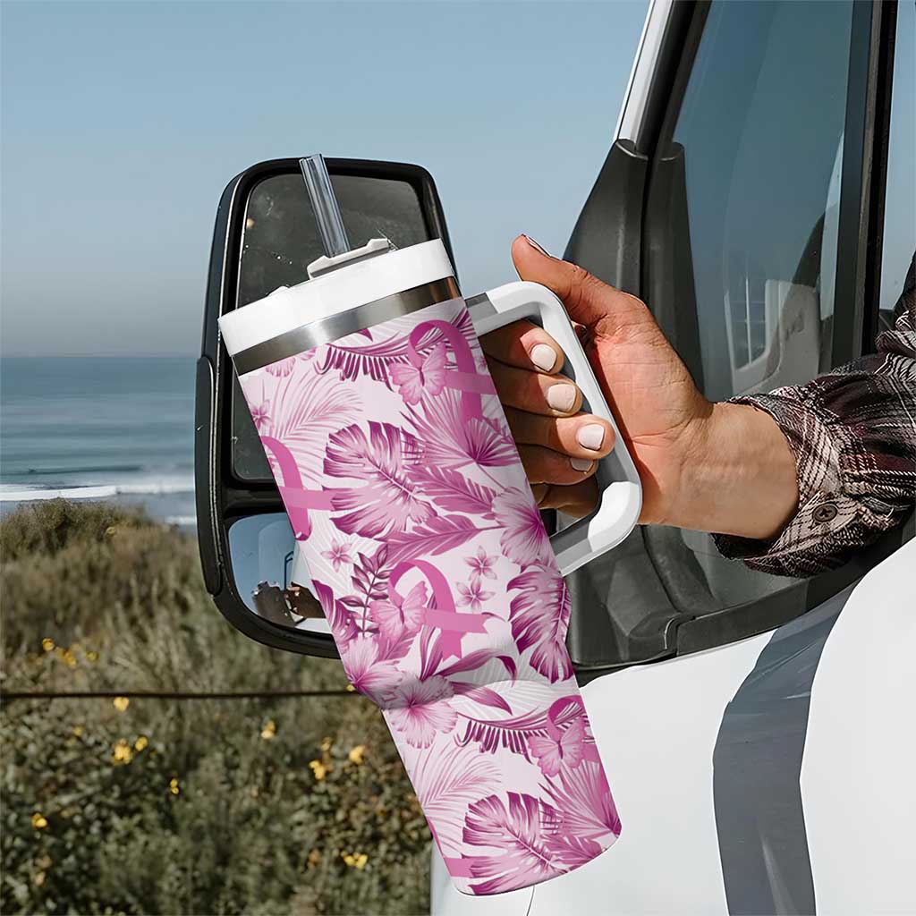 Pink Ribbon Hibiscus Tropical Pattern Tumbler With Handle Breast Cancer LT01 - Polynesian Pride