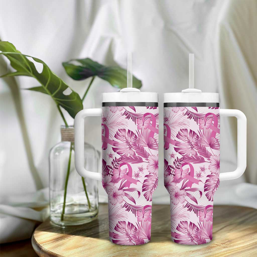 Pink Ribbon Hibiscus Tropical Pattern Tumbler With Handle Breast Cancer LT01 - Polynesian Pride