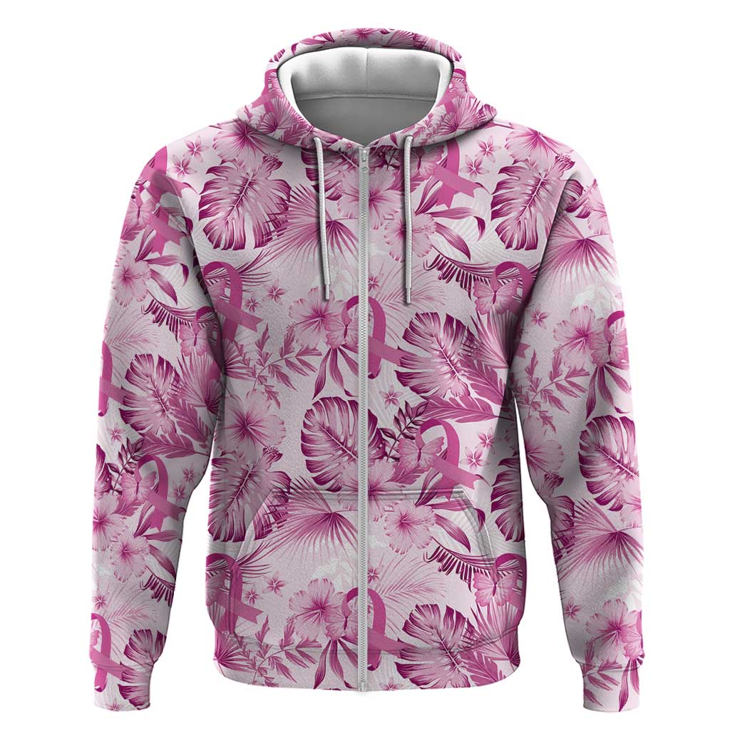 Pink Ribbon Hibiscus Tropical Pattern Zip Hoodie Breast Cancer LT01 Zip Hoodie Pink - Polynesian Pride