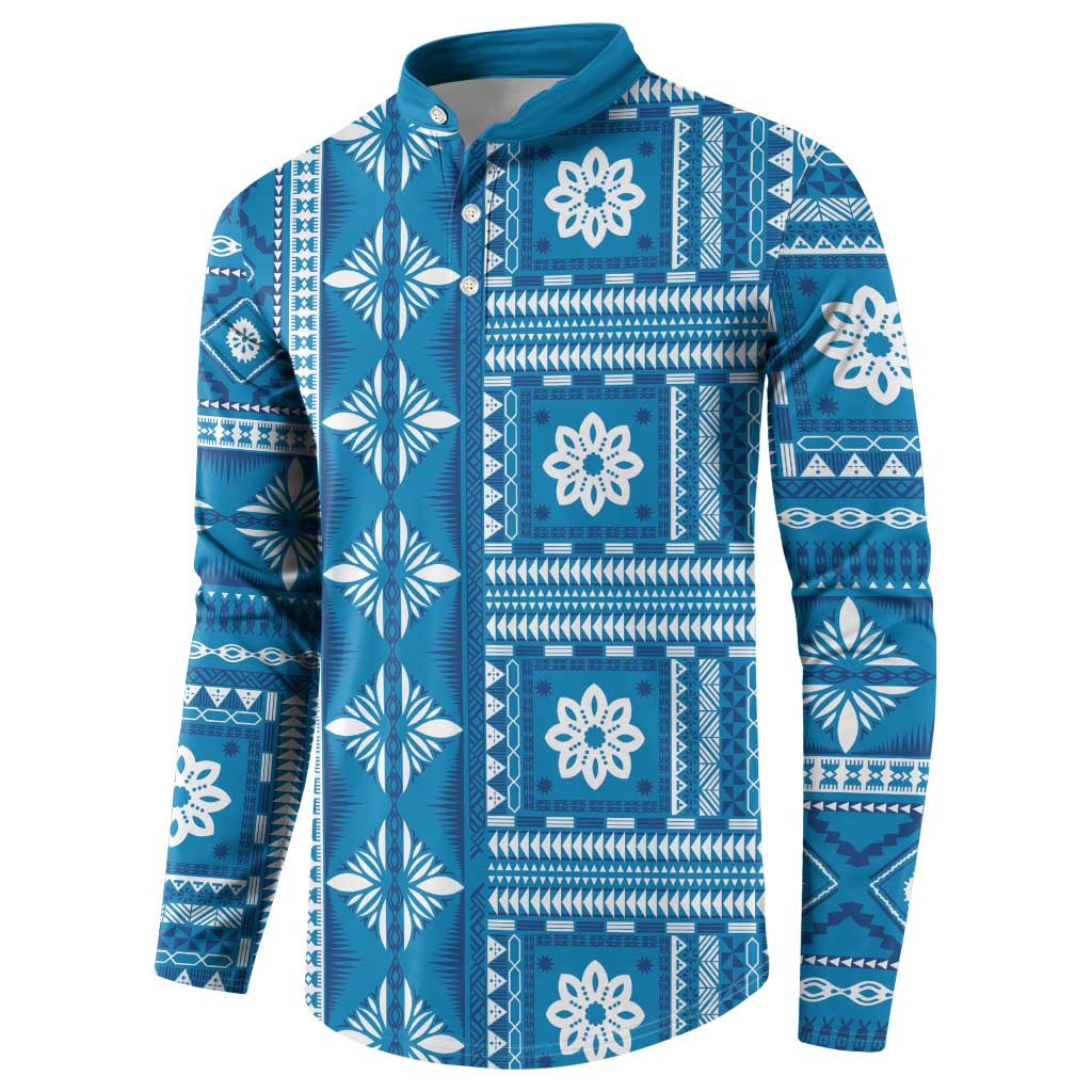 Fiji Masi All Blue Button Sweatshirt Tapa Pattern LT01 - Polynesian Pride